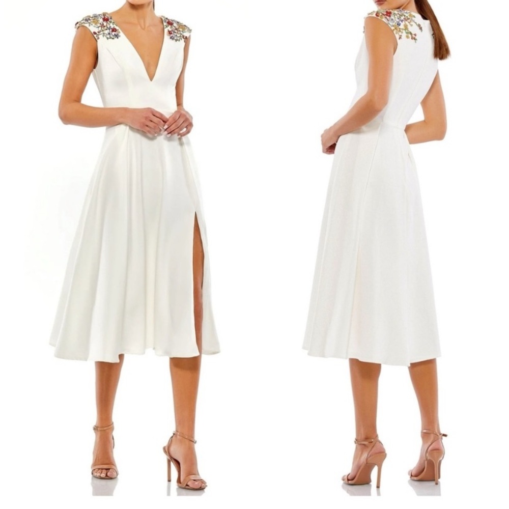 Ieena Mac Duggal Beaded Cap Sleeve A Line Midi Dress White Bridal Sz 10